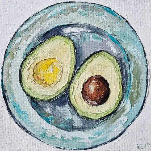 Original Oil Painting Still Life Artwork Avocado Fruit Food Kitchen Art Canvas