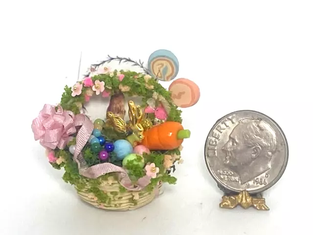 OOAK Artisan Easter Basket Chocolate Bunny Candy Eggs 1:12 Dollhouse Signed 2023