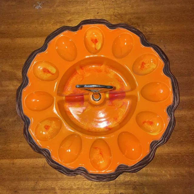 Vtg Sequoia Ware #725 Usa California Pottery Deviled Egg Dish W/Handle Orange