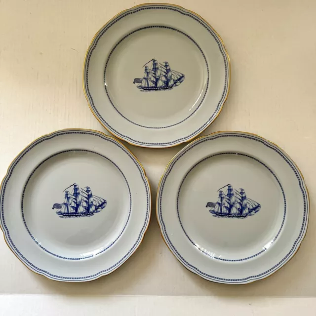 Set of 3 Three SPODE TRADE WINDS BLUE Ship Grand Turk 1786 Dinner Plates