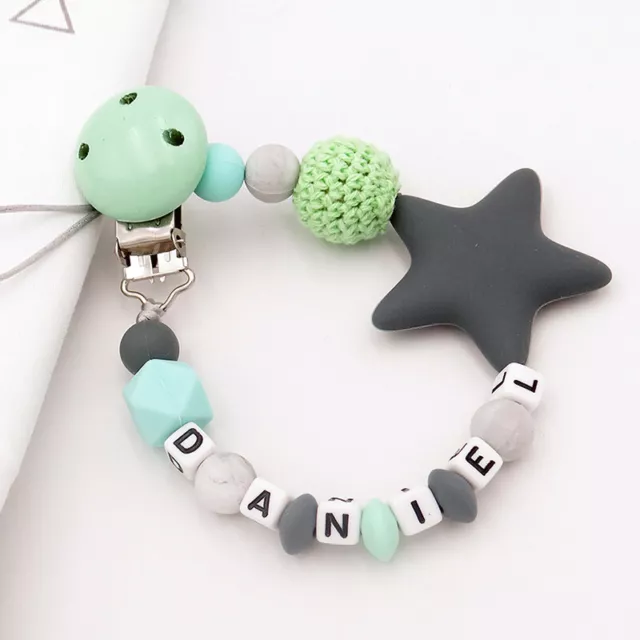 Personalised Name Baby Dummy Clip Strap Pacifier Chain Silicone Wooden Baby Gift