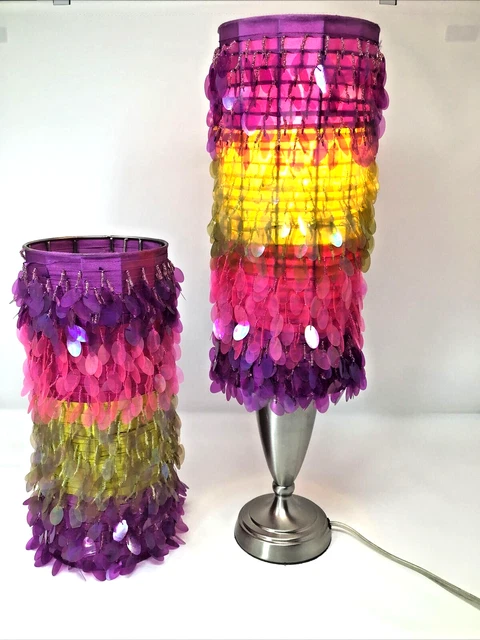 Vintage Lamp Shade Beaded Sequin Satin Cylindrical 12"x5” 2 Shades ONLY Rare