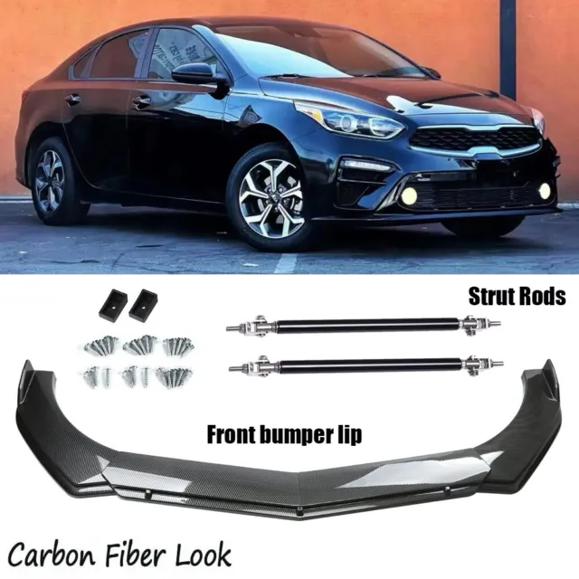 For Kia Forte Carbon Fiber Front Bumper Lip Splitter Spoiler Body Kit+Strut Rods
