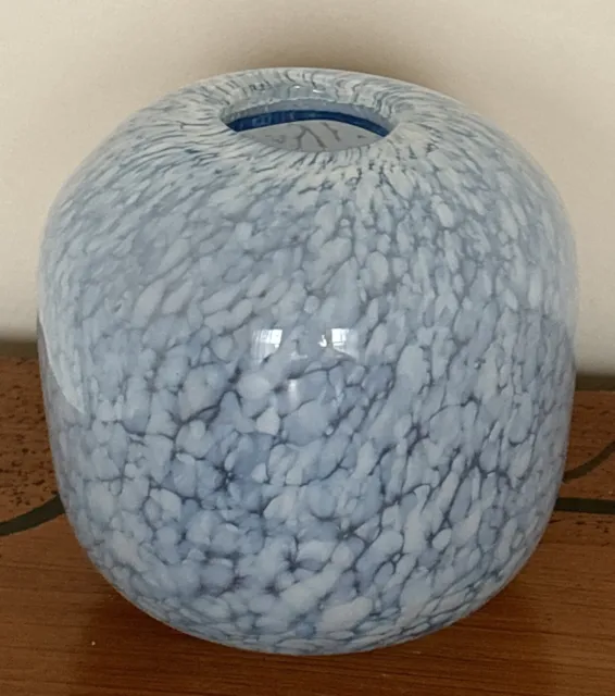 Hand Blown Art Glass Round Vase Light Blue White Speckled Murano Style 3”