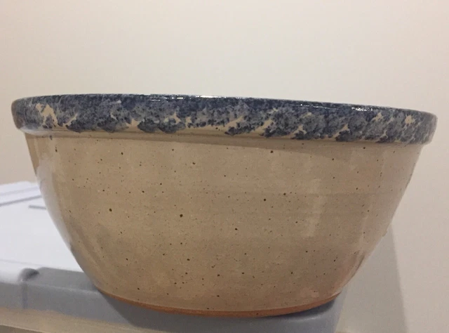 Handmade Wheel Thrown  8” Pottery Bowl - Blue Sponged Rim - Nice Vintage Piece
