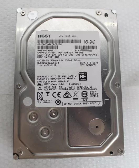 HGST HUS726040ALE610 4TB 7.2K SATA 3.5'' 6Gb/S HDD 0F23005 HARD DRIVE