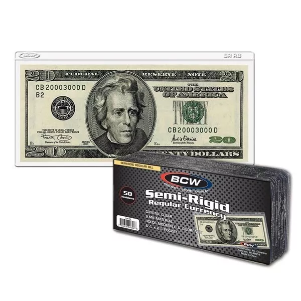 50 BCW Vinyl Semi-Rigid Regular US Currency Holders banknote dollar bill sleeves