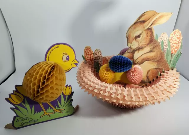 Lot of 2 Vintage Easter Egg Chick Bunny Rabbit Honeycomb Centerpiece Decoration