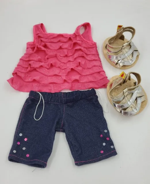 Build A Bear Ruffle Tank Pink Denim Shorts Sequin & Sandals Teddy Clothes Outfit