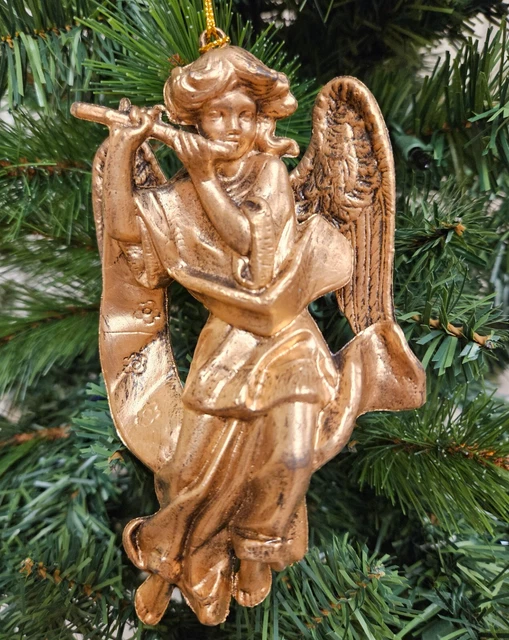 Lote De 3 Oro 6" Ángel Con / Flauta Antiguo Bronce Plástico Adorno Navidad Arbol