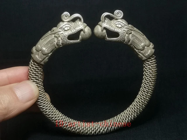 Old Chinese Tibet Silver Carving Dragon Handmade wire Exquisite Bracelet gift