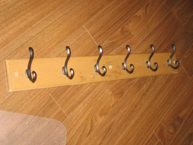 Vintage 6 Hook Cast Iron & Oak wood Wall Hat & Coat Rack Home, Cabin or Office