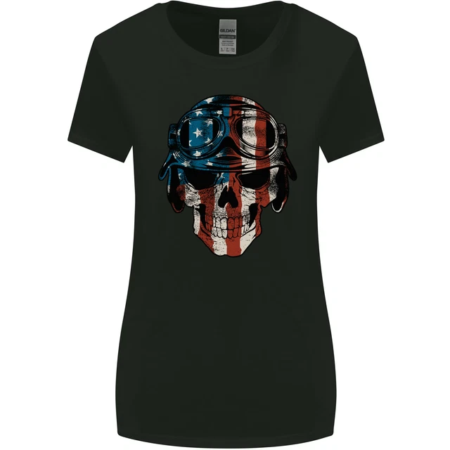 USA Flag Biker Skull Motorcycle Motorbike Womens Wider Cut T-Shirt
