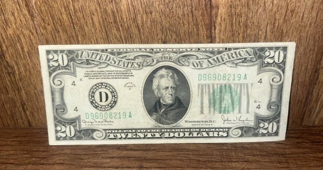 1934-D Twenty Dollar $20 Green Seal Federal Reserve Note - Old U.S. Currency