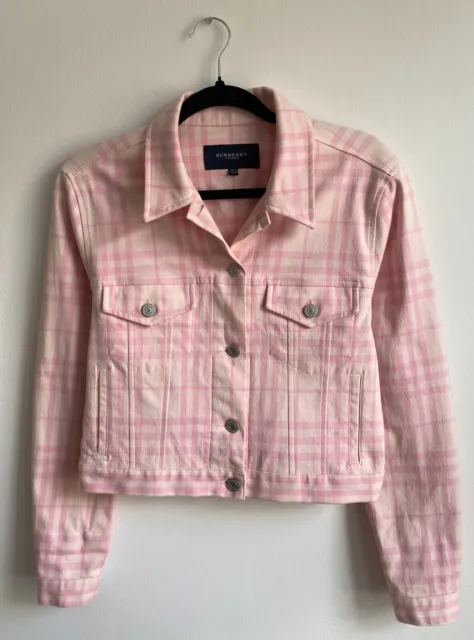 Authentic Luxury BURBERRY Pink Nova Check Cropped Denim Jacket US 6, UK 10