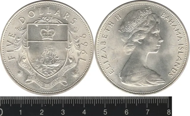 Bahamas: 1966 Five Dollars QEII silver $5.  ASW = 1.263oz