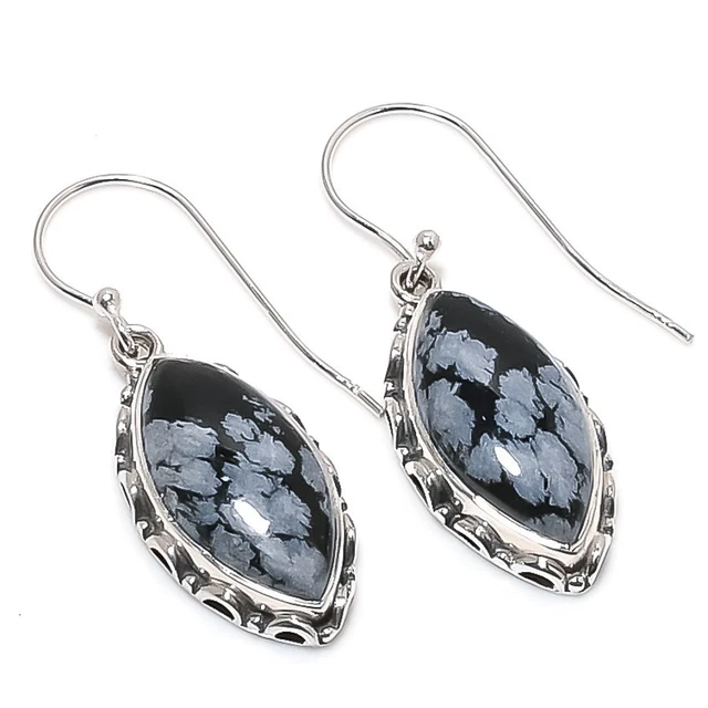 Snowflake Obsidian Gemstone 925 Solid Sterling Silver Jewelry Earring 1.50"