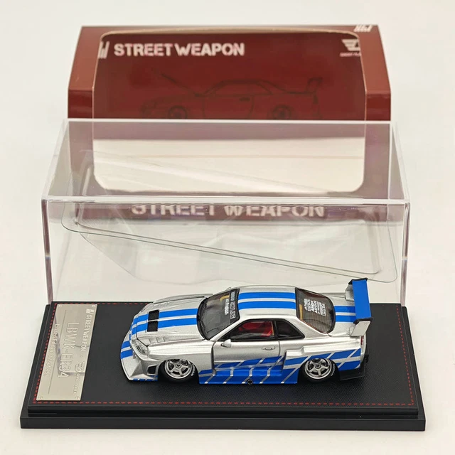 Voiture Miniature Nissan Skyline GTR R34 - 1:64, Métal, Argent Carbone, Par Demon King Auto