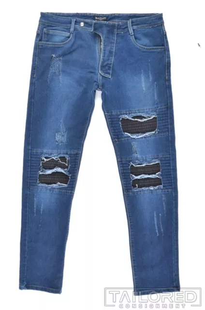 BALMAIN PARIS Blue Denim Cotton DISTRESSED BIKER MOTO Pants Jeans - 36