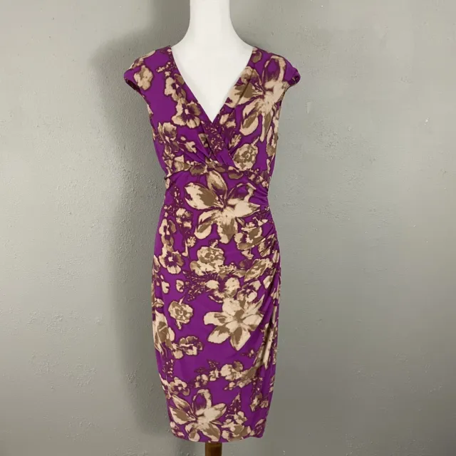 Lauren Ralph Lauren Dress Size 2 Faux Wrap Ruched Stretchy Sleeveless Purple