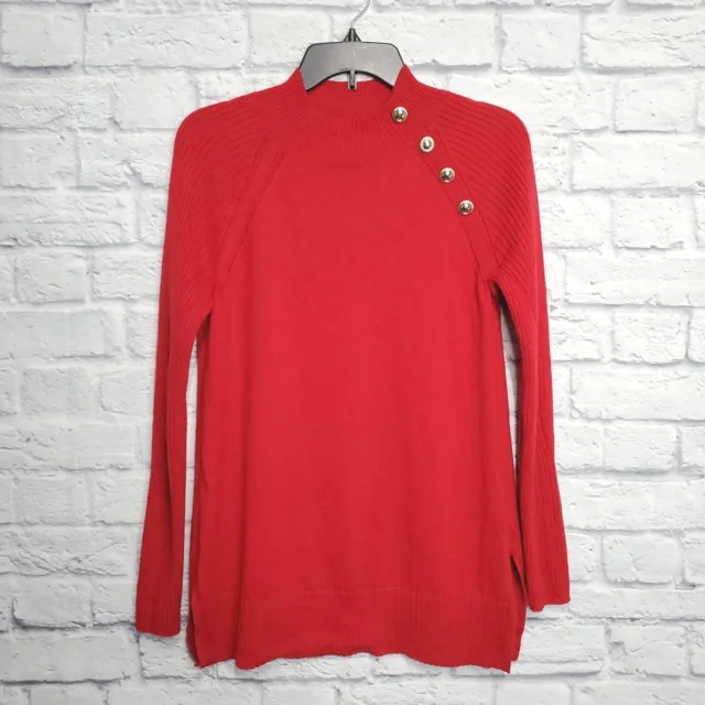 Chicos Cashmere Wool Sweater 0 Womens Small Red Tunic Mock Neck Buttons Classic