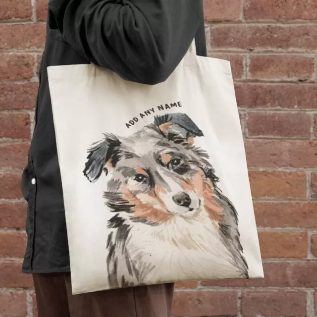 Personalised Australian Shepherd Dog Portrait Illustration Cotton Shopper Tote