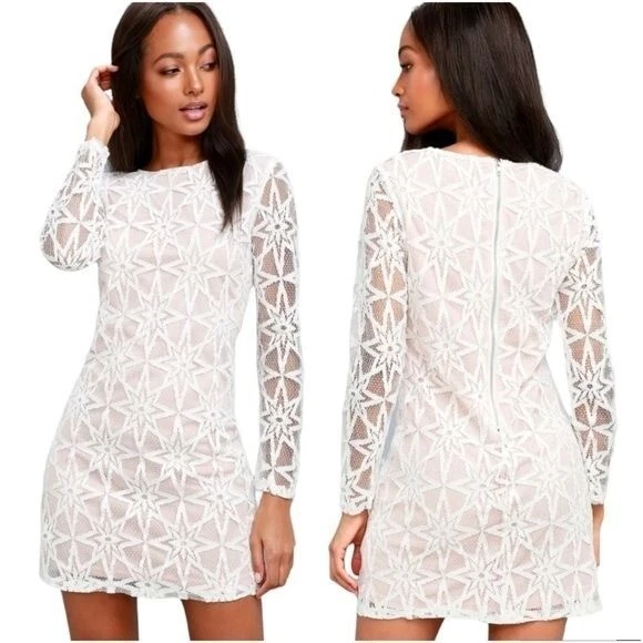 Lulus Ivory Dawning Twilight Long Sleeve Lace Mini Dress Size M