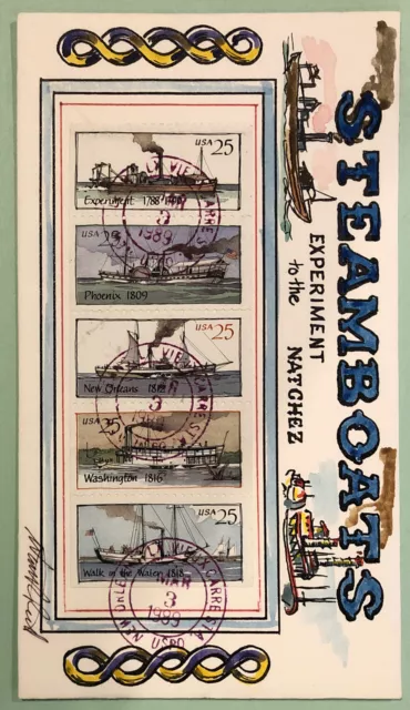 Wild Horse 1989 Steamboats HP Cachet #1/12 w/Block of 5 Stamps Sc 2405 - 2409 2