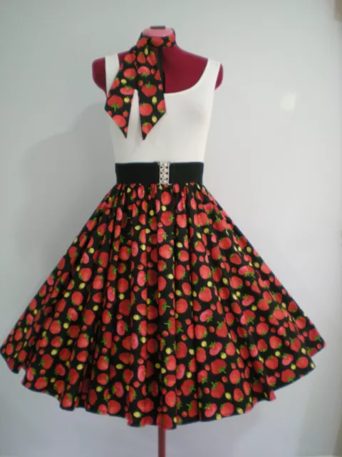 ROCK N ROLL/ROCKABILLY "Strawberries" SKIRT & SCARF 10-12 Ladies Black/Red