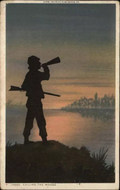 Detroit Publishing Silhouette Ser Calling For Moose Hunting Gun 70950 Postcard