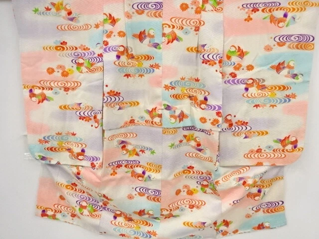 45025# Japanese Kimono / Antique Kimono For Girls / Spiral & Mandarin Duck