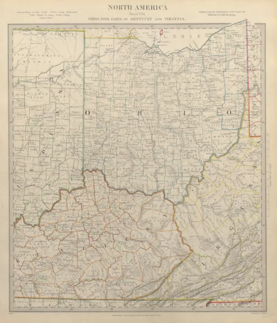 USA. Ohio with parts of Kentucky, Virginia & Indiana. Counties. SDUK 1844 map