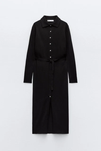 ZARA NEW BLACK Ribbed Midi Dress With Button And Tie Size M Ref 3519/154  31.89 - PicClick UK