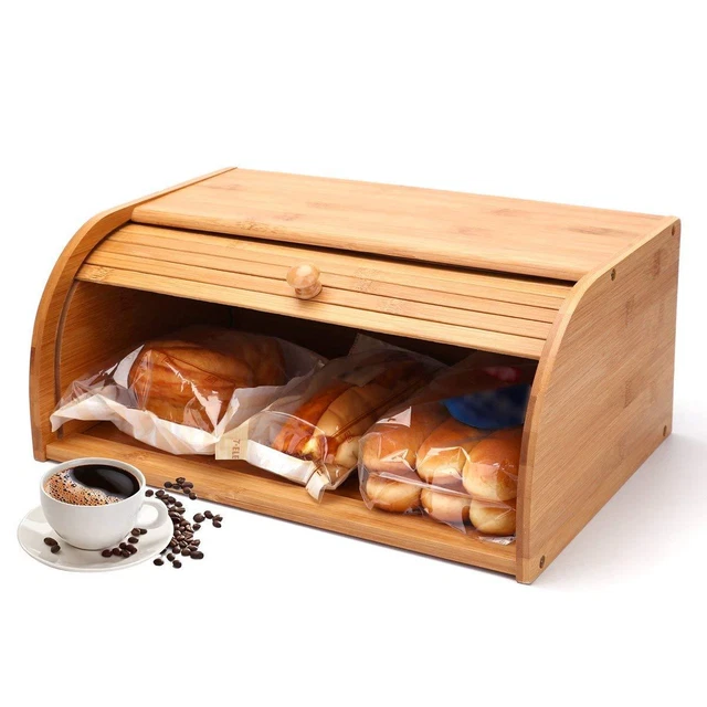 Apollo Bread WOODEN BREAD BOX Apollo Roll Top Bin Storage Loaf Bamboo Wood Box ...