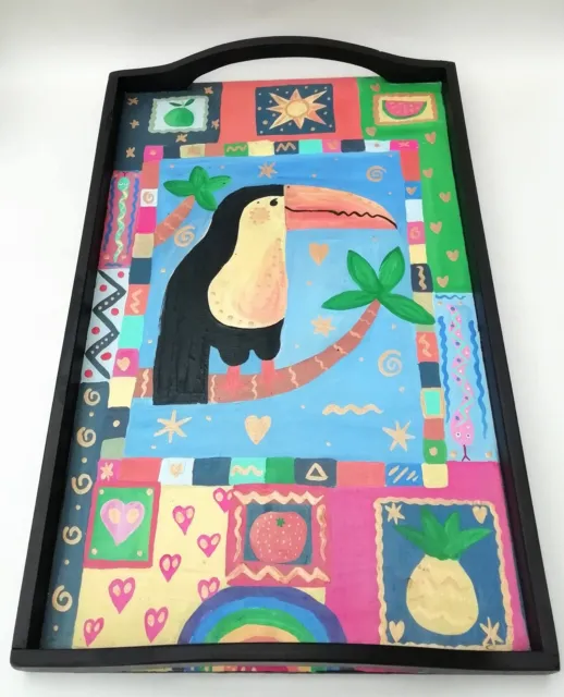 Hand Painted Wooden Serving Tray Toucan Rainbow Bright Colours 45.5 x 30 cm