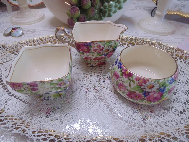 Trio Royal Winton Summertime Chintz Open Sugars Creamer Grimwades England 1950's 2