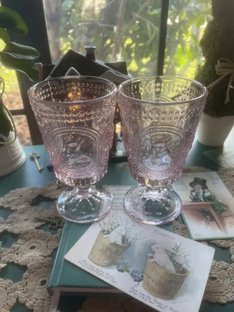 Set of 2 Victorian Inspired Light Pink Footed Knobby Easter Bunny Glasses  New!