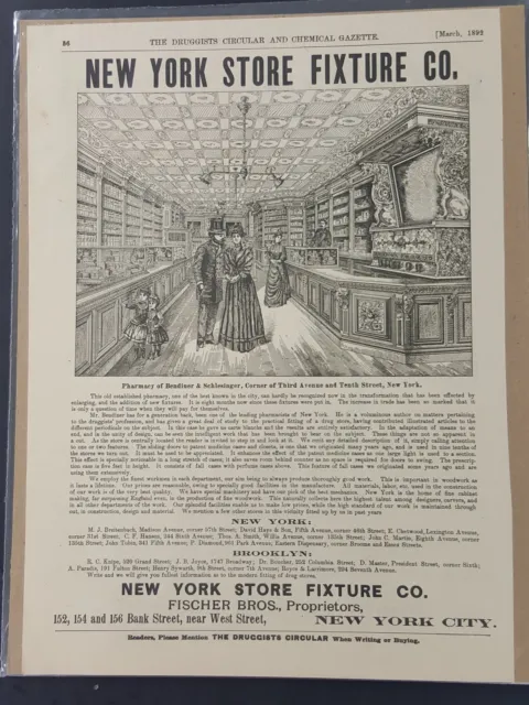 1892 antique DRUG STORE AD victorian pharmacy ny store fixture fischer bros