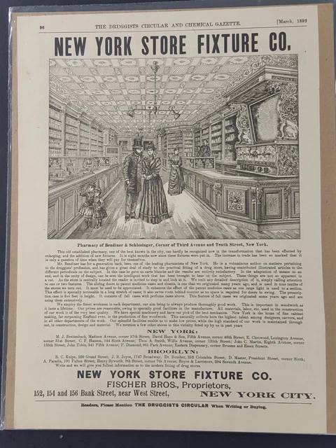 1892 antique DRUG STORE AD victorian pharmacy ny store fixture fischer bros
