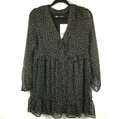 ZARA Women's Size M Polka Dot Dress Black White Babydoll V-Neck Long Sleeves NWT