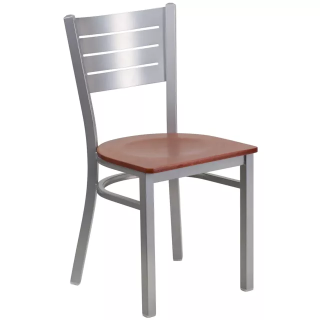 Flash Furniture Slat-Back Metal Restaurant Chair Silver w/Cherry Wood Seat