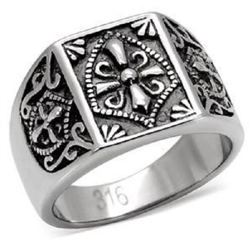 Bague Homme Chevaliere Acier Inoxydable Blason Bouclier Croix Des Templiers