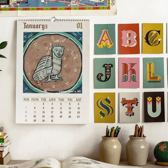 1* 2024 WEIRD Medieval Owls Calendar Painting Wall Hanging Monthly