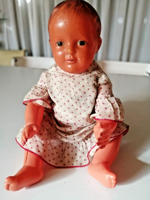 Ancien Poupon Petitcollin Celluloïd 35 Cm - Yeux En Verre - Poupée Noire SNF - France