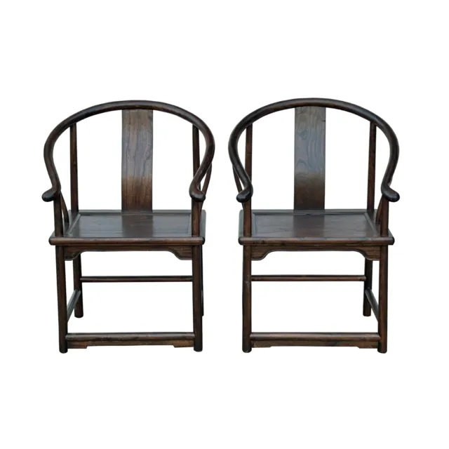 Pair Chinese Around Horseshoes-Back Brown Stain Armchairs ws3584