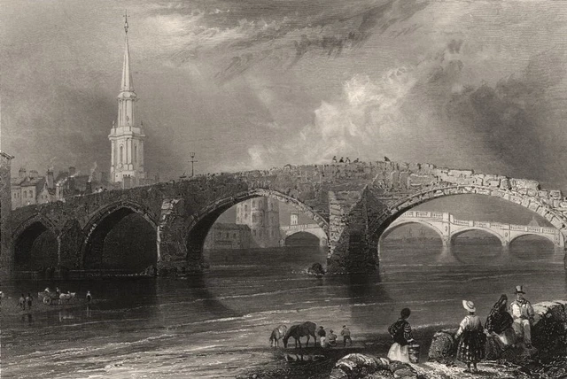 The Twa Brigs, Ayr. The old & new bridges. Ayrshire. Scotland. BARTLETT c1840
