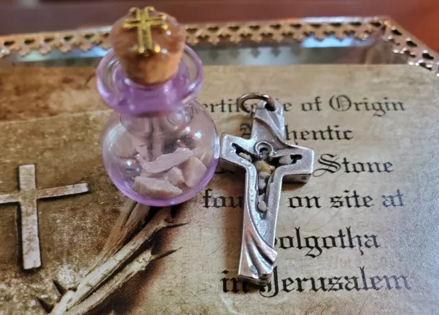 Risen Jesus Golgotha Stones Cross with Glass Bottle Stones gathered in Jerusalem