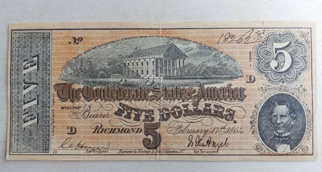 1864 Confederate States America Five Dollar Note Reproduction $5