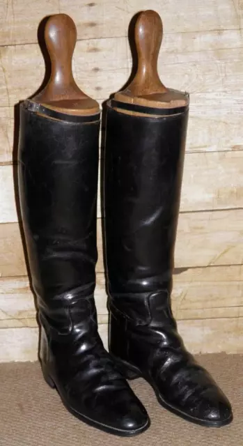 English Made Super Regent Black Leather Riding Boots & Wooden Trees UK Size 7.5