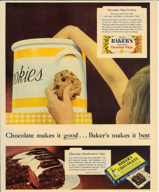 1955 BAKER'S CHOCOLATE Bar Chips Cookie Jar Cake Icing Recipe Vintage Print Ad